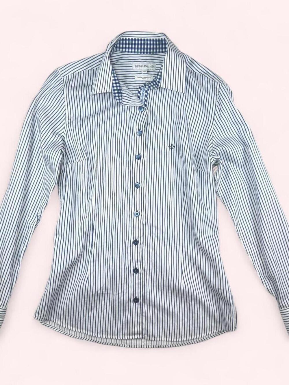 White and blue striped button up shirt with gingham collar